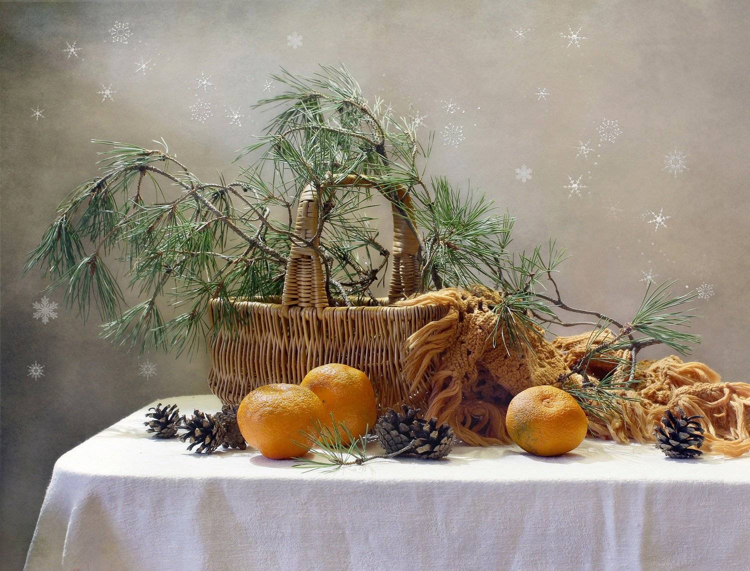 натюрморт, зима, елка, ветки, мандарины, корзина, Ковалева Светлана