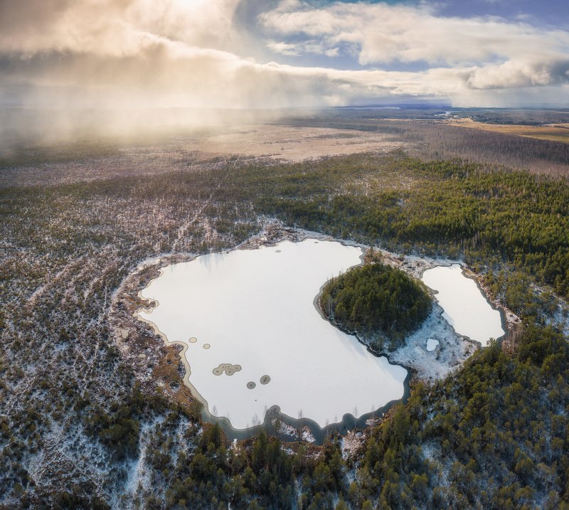 пермь, пермский край, шабуничи, осень, зима, снег, болота, закат, россия, урал, пейзаж, вечер, солнце, панорама, дрон, аэрофотосъёмка Приближение зимы фото превью