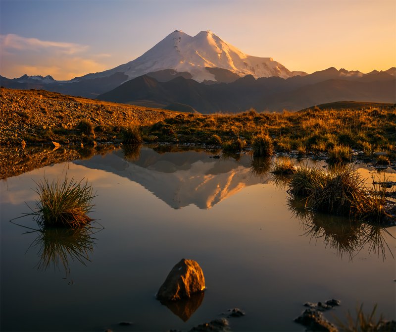 природа, пейзаж, горы, кавказ, природа россии, дикая природа, закат, свет, облака, вечер, весна, эльбрус * фото превью