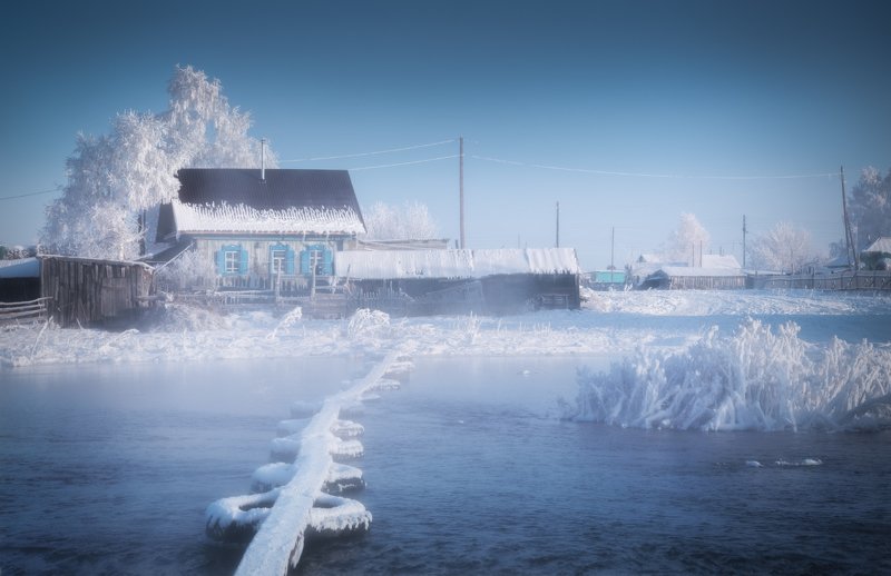 алтай, алтайский край, советский район, поселок семилетка, заказник лебединый, туман, утро туманное, пастораль, сельский пейзаж, река, река кокша, дома, мостки Студёное утро фото превью