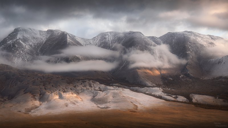 алтай, горы, курай, курайский хребет, облака, рассвет  фото превью