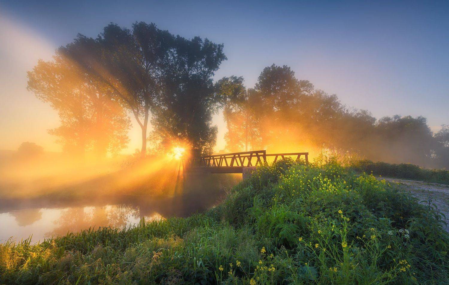 ner, river, sunrise, light, flare, morning, poland, Bartłomiej Kończak