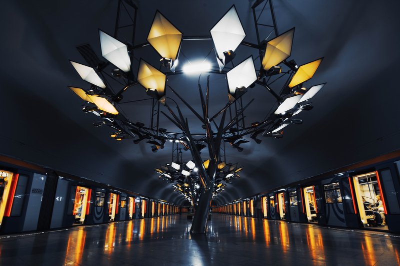 metro, subway, underground, reflection, urban, light, dark, Moscow, Russia Тропарёво фото превью