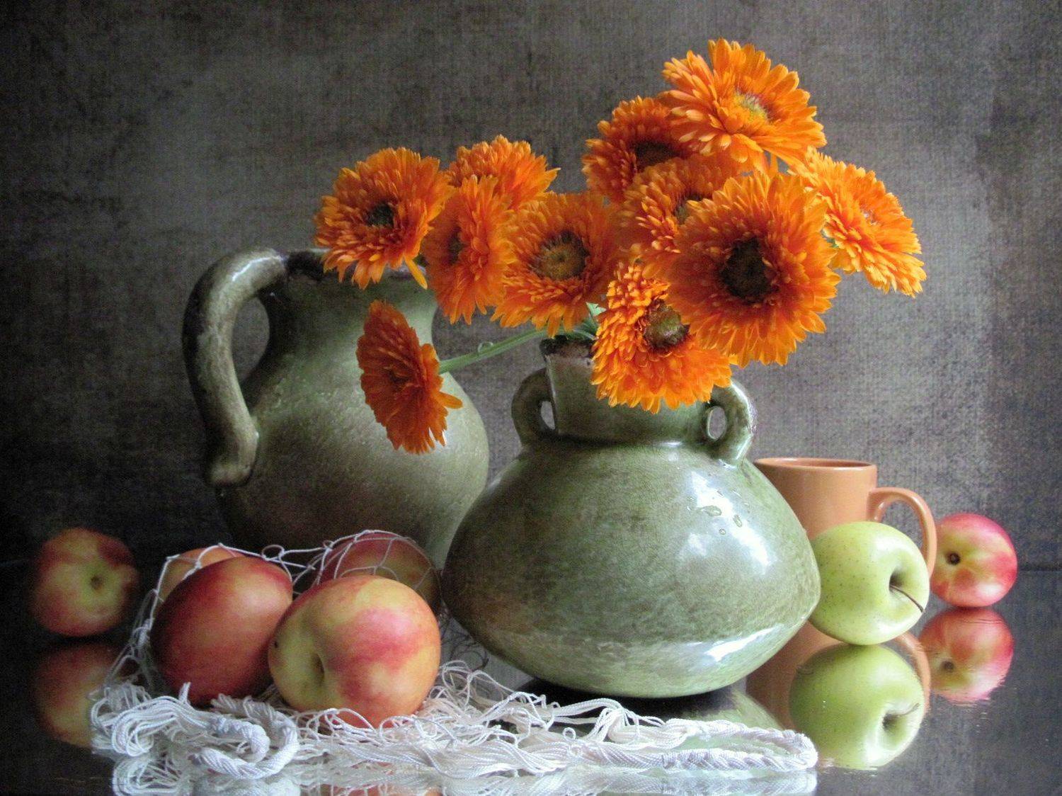 цветы, букет, календула, керамика, яблоки, сетка, Наталия Тихомирова