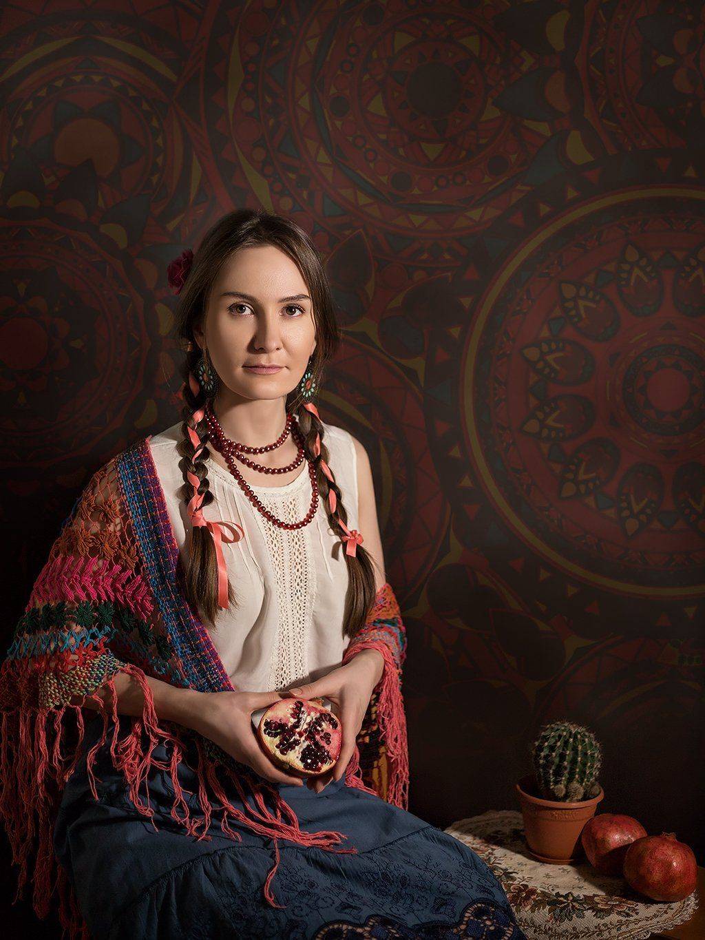 #девушка #натюрморт #портрет #гранат #кактус #мексиканскийстиль #fineart #картина #живопись, Ксения Лыгина