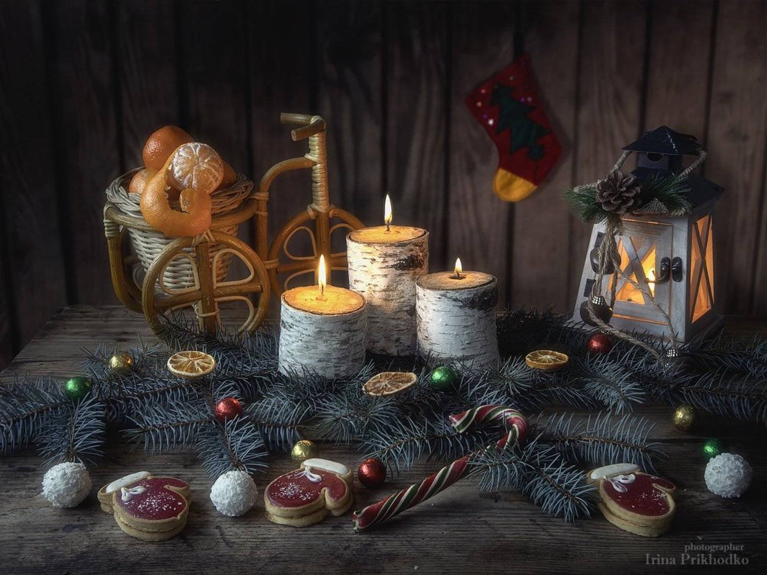 натюрморт, настроение, зима, новый год, рождество, елка, свечи, мандарины, деревенский стиль, Ирина Приходько