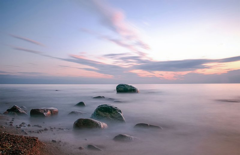 sea, sunset, stones, sky, long exposition Sea stones фото превью