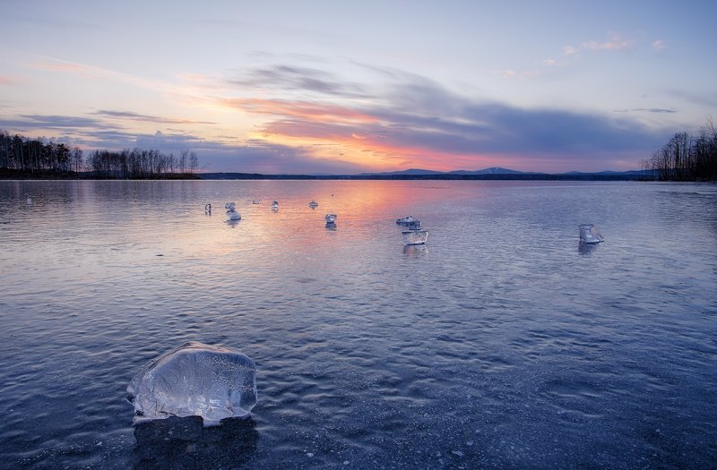 Закат, Лед, Иртяш, Урал, Южный Урал, Озеро, Горы Молодой лёд фото превью