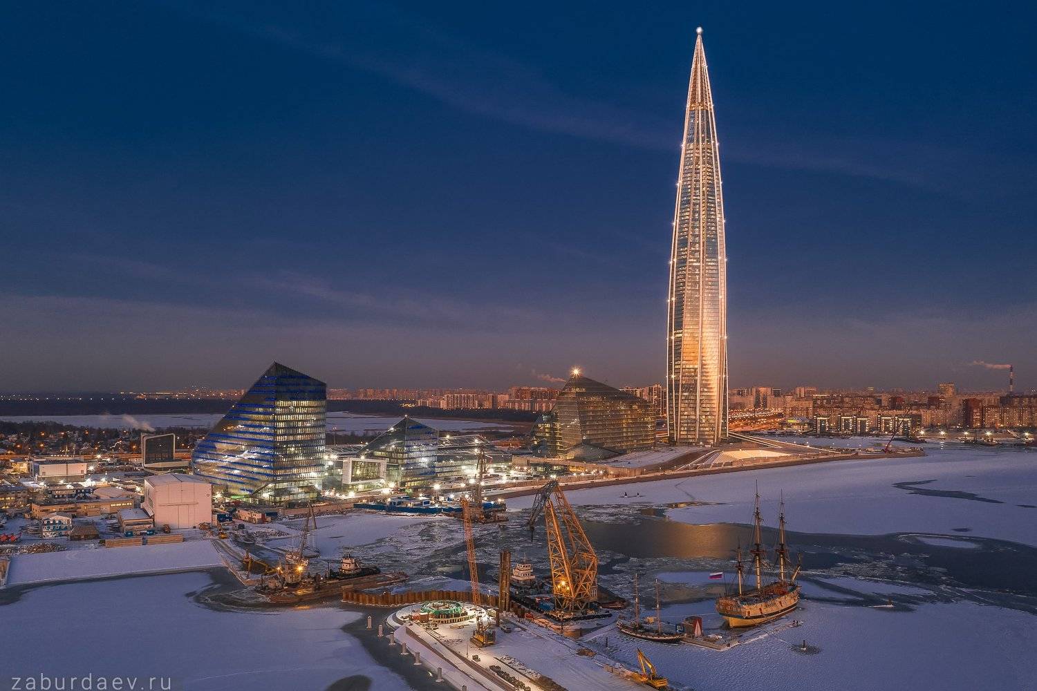россия, петербург, лахта центр, зима, вечер, дрон, Станислав Забурдаев