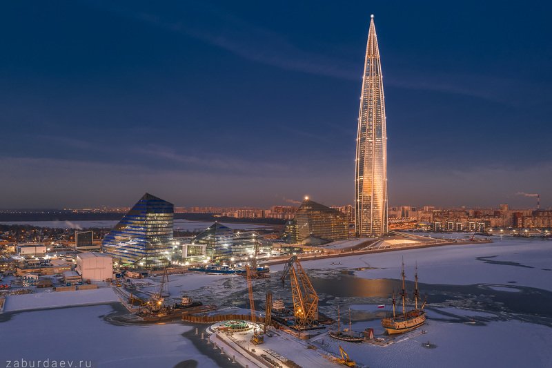 россия, петербург, лахта центр, зима, вечер, дрон *** фото превью