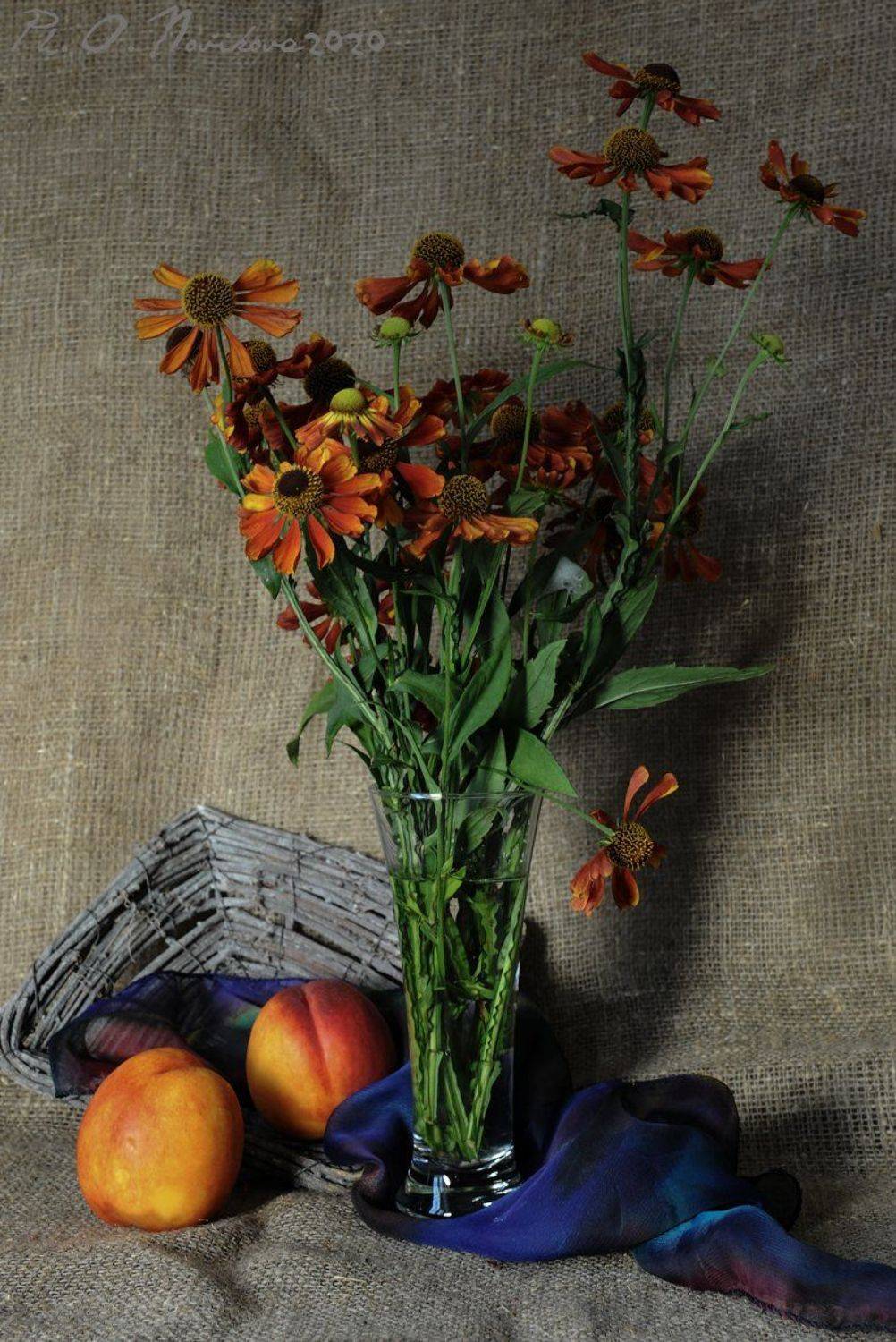 цветы,бокал,персики,платок,корзинка, Ольга Новикова