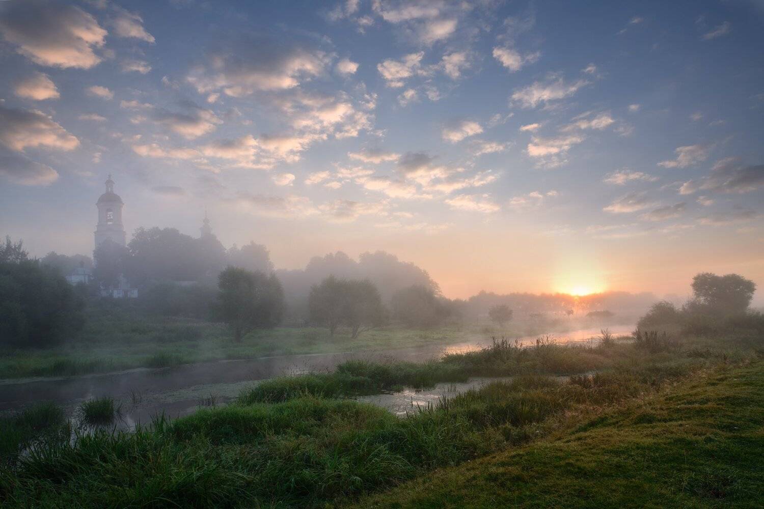 утро,рассвет,туман,река,небо,обдака,солнце,лучи,храм,филипповское, Виталий Полуэктов