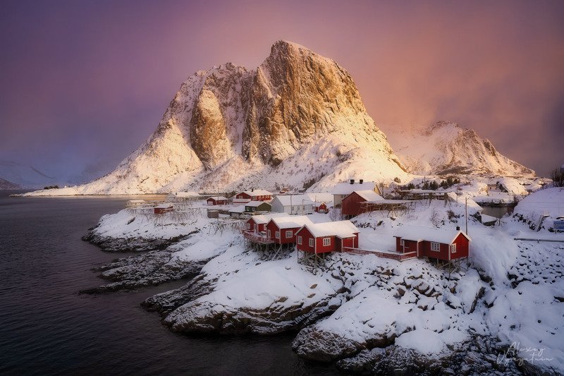 lofoten, norway, norge, winter, morning, light, mountain, red house, rorbu, Ярким утром фото превью