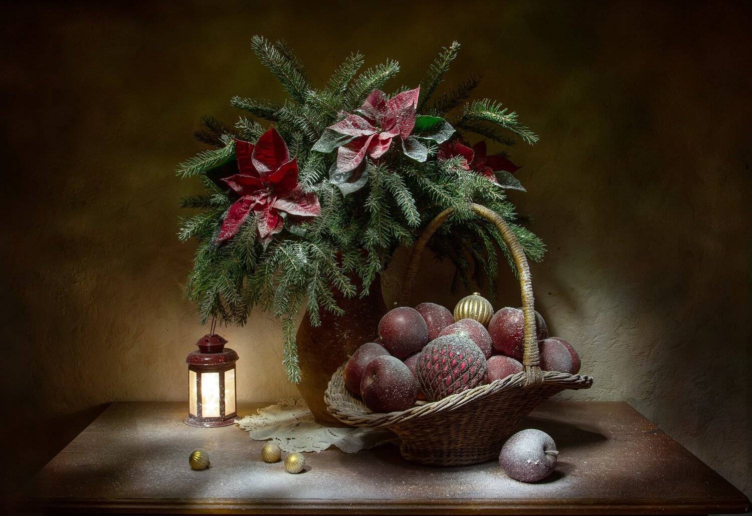 натюрморт, ель, яблоко, яблоки, шар, пуансеттия, Татьяна Феденкова