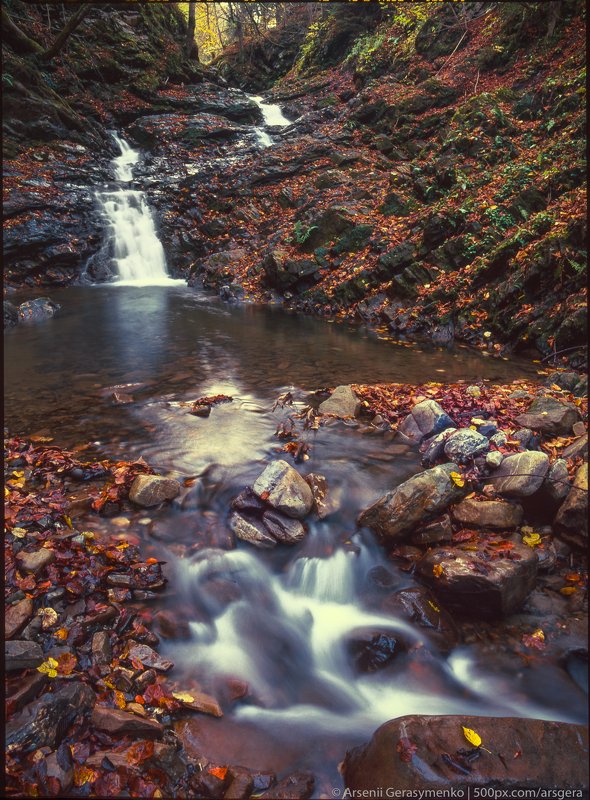 waterfall, stream, water, autumn, carpathians, carpathian mountains, countryside, mood, tranquil, mountains, foliage, wonderland, land, field, scenic, fall, background, tree, outdoor, forest, color, colorful, alpine, hill, scenery, yellow, country, vivid, Waterfall in the Carpathian mountains, Ukraine, Fuji Velvia фото превью