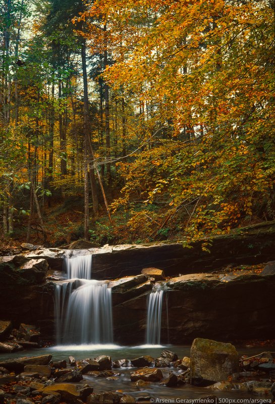 waterfall, stream, water, autumn, carpathians, carpathian mountains, countryside, mood, tranquil, mountains, foliage, wonderland, land, field, scenic, fall, background, tree, outdoor, forest, color, colorful, alpine, hill, scenery, yellow, country, vivid, Waterfall in the Carpathian mountains, Ukraine, Fuji Velvia Film фото превью