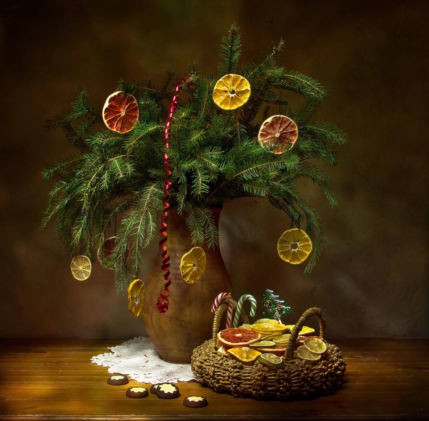 натюрморт, ель, мандарин, грейпфрут, Татьяна Феденкова