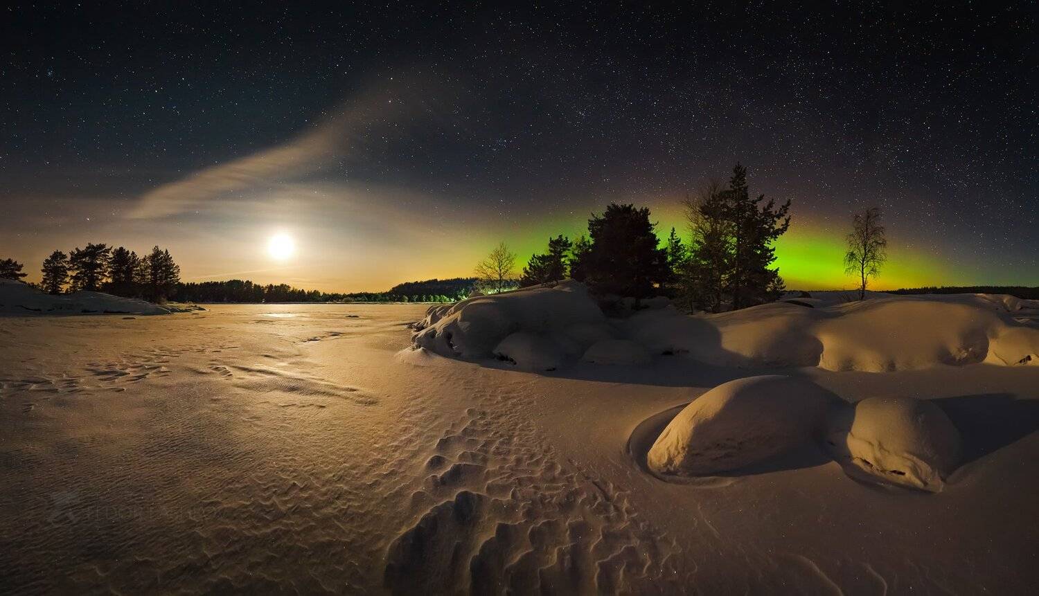 Ладожское озеро, Карелия, остров, зима, снег, фототур, скалы, шхеры, северное сияние, ночь, звёзды, луна, следы, полнолунье, север, , Лашков Фёдор