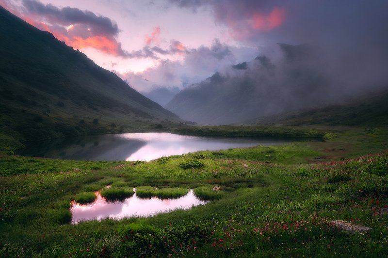 рассвет, горы, озеро, горное озеро, лето, дзитаку, кавказ, пейзаж Озерная долина Дзитаку фото превью