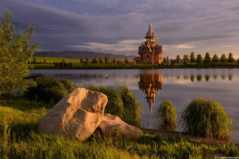 пейзаж, озеро, закат, храм, алтай, лето, свет Храм у озера фото превью