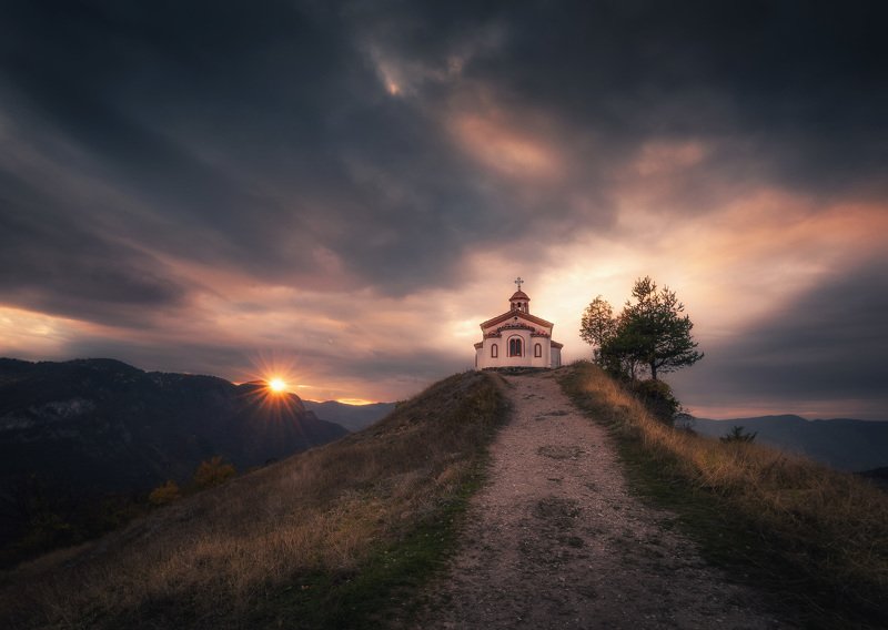sunset, sun, cloud, landscape, chapel, faith Ascension фото превью