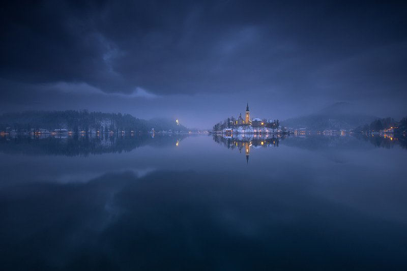 bled, slovenia, landscape, winter, snow, reflection, water, sky, clouds  bled фото превью