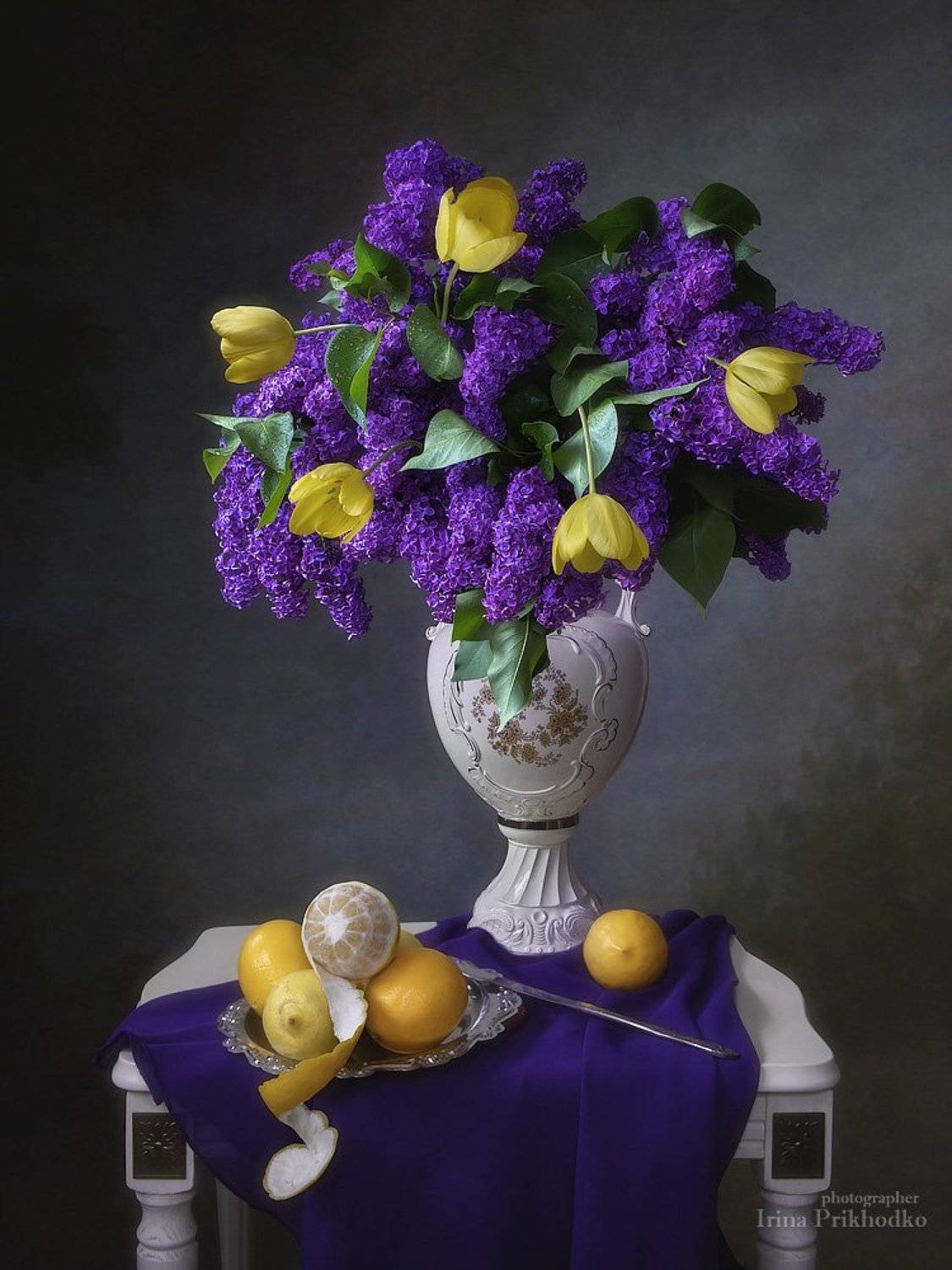 натюрморт, фотокартина, художественная фотография, сирень, букет, тюльпаны, лимоны, винтажный, Ирина Приходько