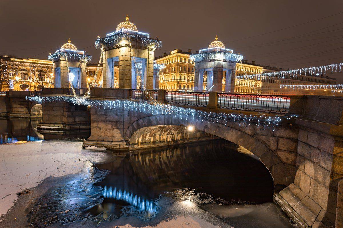 санкт-петербург, мост, новый, год, рождество, гирлянда, ломоносов, Вячеслав Мельников