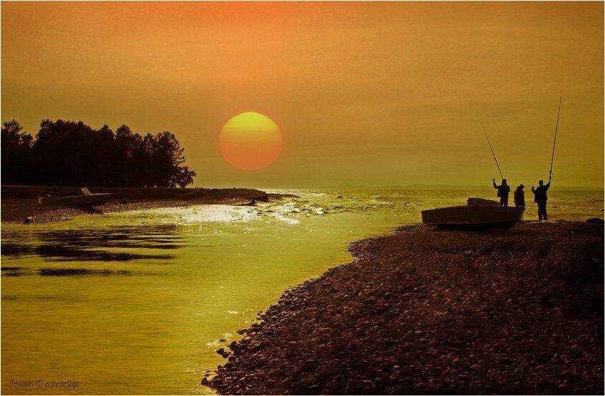 байкал река сухая рыбаки берег солнце закат, Виктор Перякин