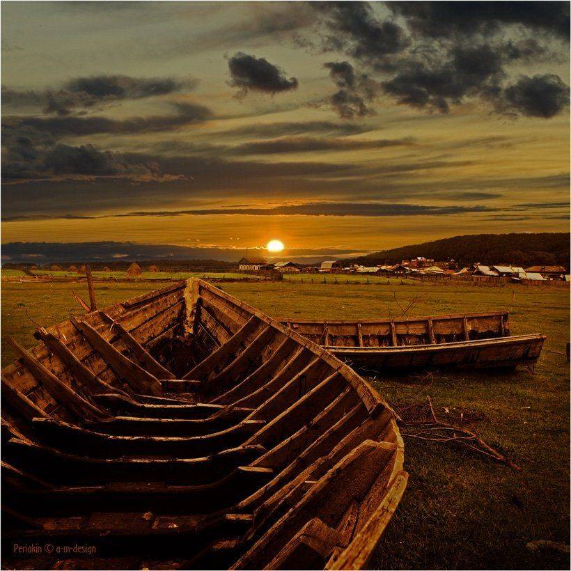 солнце, старые, лодки, деревня, Виктор Перякин