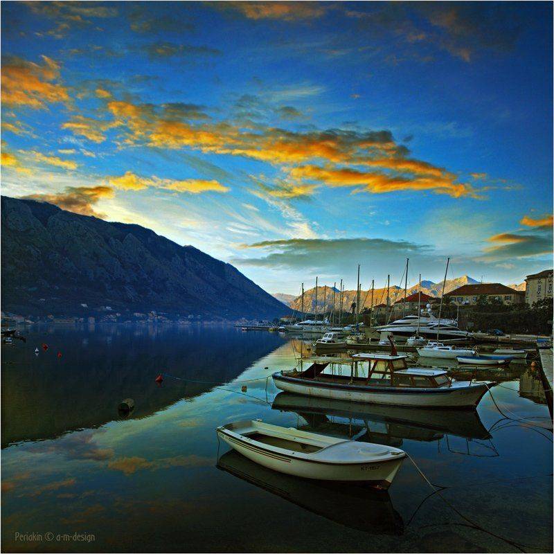 котор, яхты, закат, горы, Виктор Перякин
