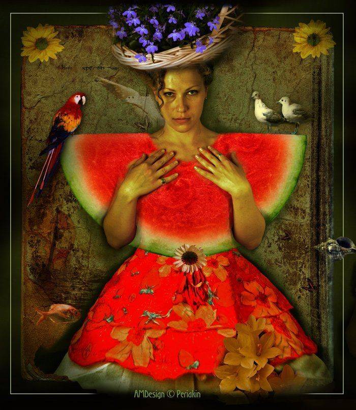 лето, арбуз, птички, девушка, цветы, Виктор Перякин