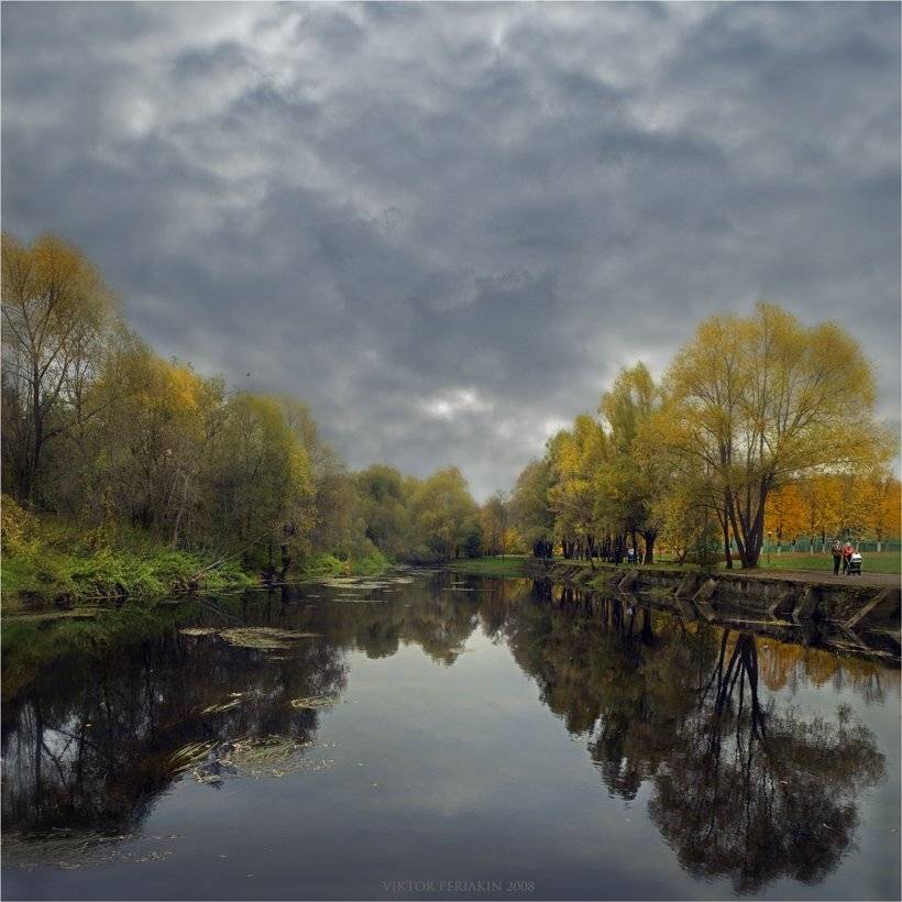 пруд, облака, деревья, гуляющие, Виктор Перякин