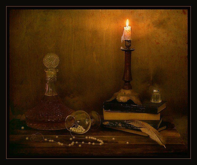 графин, бокал, книги, свеча, жемчуг, натюрморт, Ирина