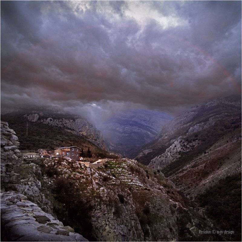 горы, селение, ущелье, тучи, радуга, Виктор Перякин