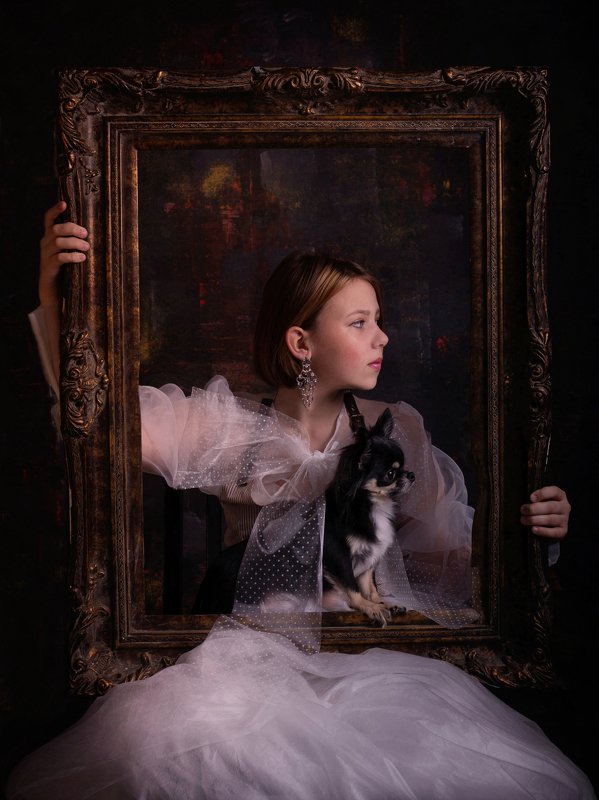 постановка, деткий портет собака Портрет с рамой  и собакой фото превью