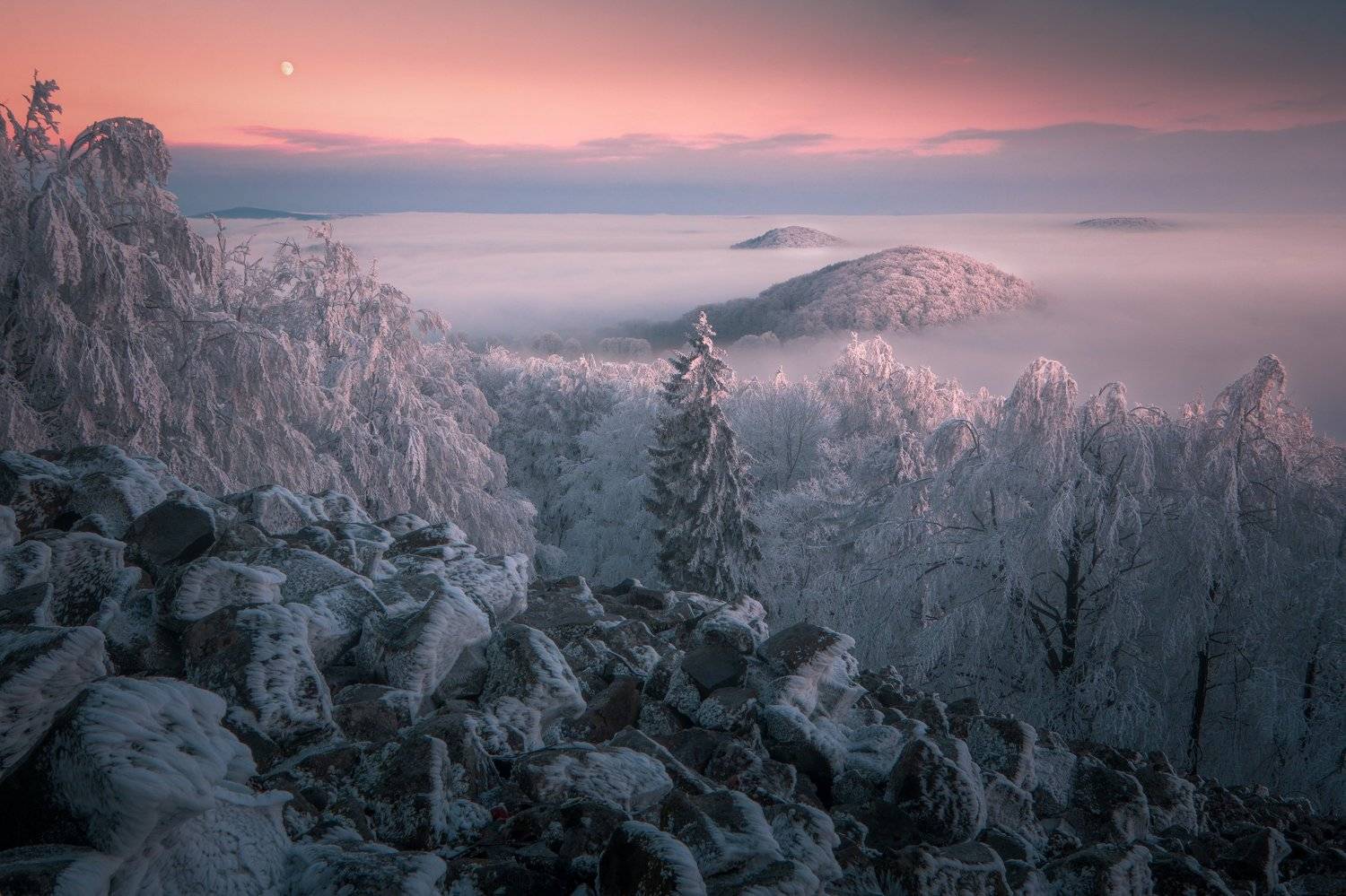 landscape, sunset, moon, winter, snow, frost, sky, ice, light, czech republic, Lubo&scaron; Prchal