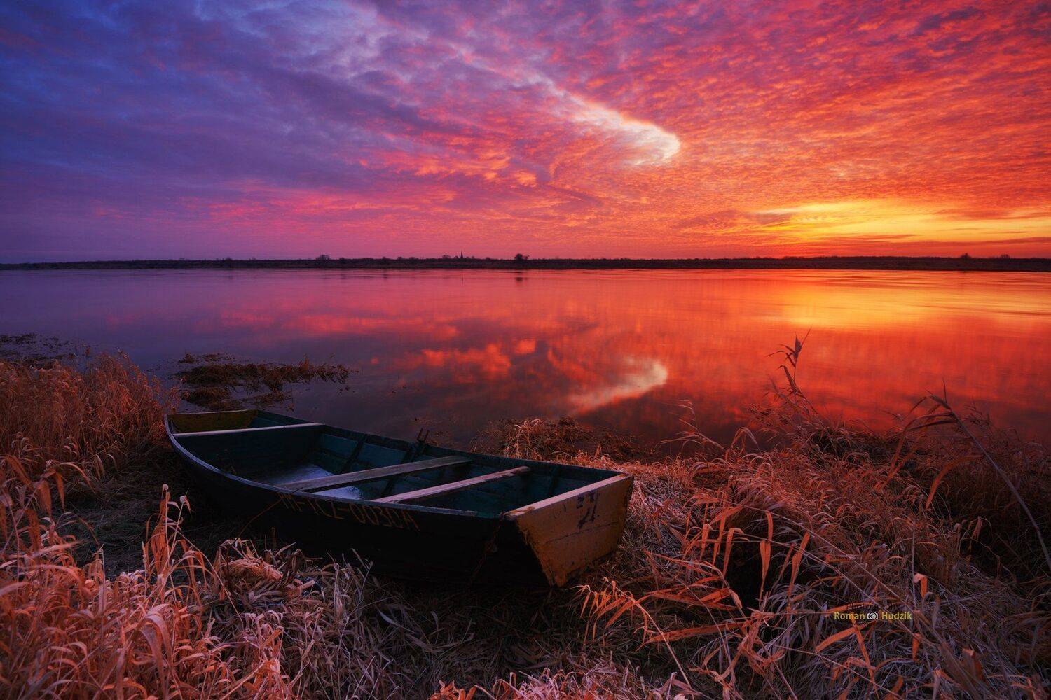   Vistula, landscape, Poland, sunrise, sunset, boat, clouds, sun, river, red,, Roman Hudzik