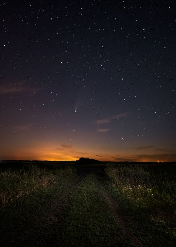 большая медведица, созвездие, комета, c/2020 f3 (neowise), метеор, звёздное небо, небо, пейзаж Большая Медведица, комета C/2020 F3 (NEOWISE) и случайный метеор фото превью