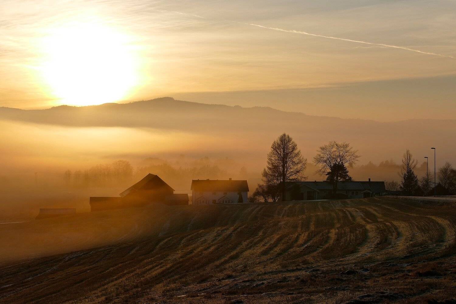 landscape, nature, sunlight, light, Norway, trees, houses, fog, mood, winter, mountain, mist,, Svetlana Povarova Ree