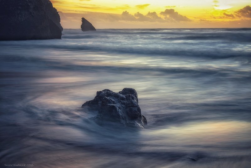 португалия, пляж, камень, длинная выдержка, океан, атлантический океан, вода, закат На закате фото превью