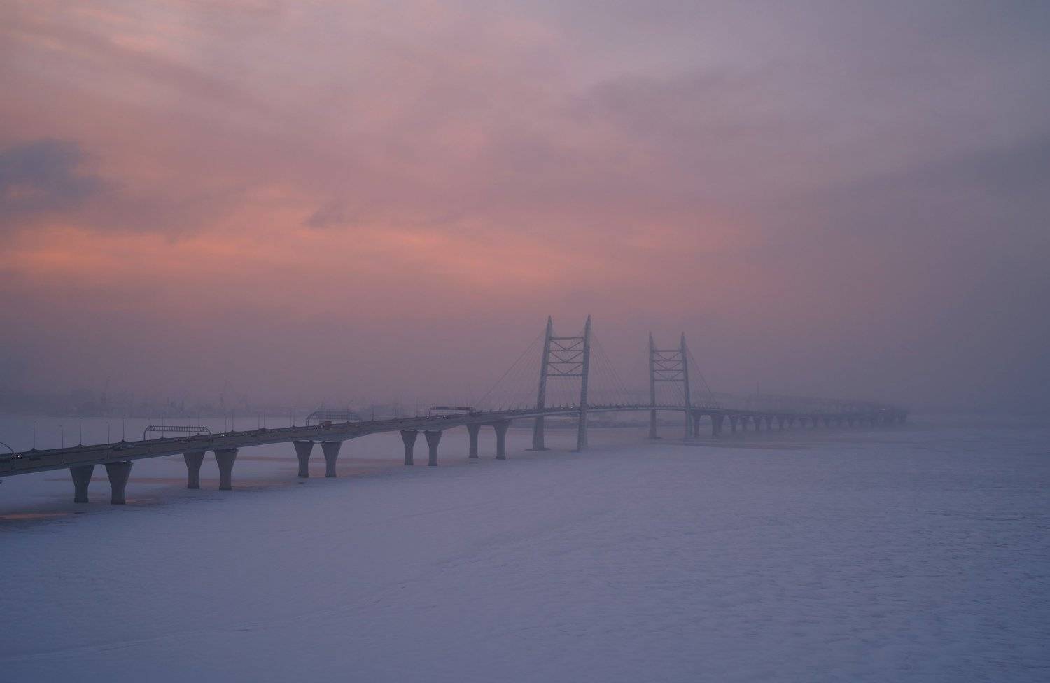winter, frost, cold, sky, sunrise, dawn, city, bridge, snow, bay, fairway, Сергей Андреевич