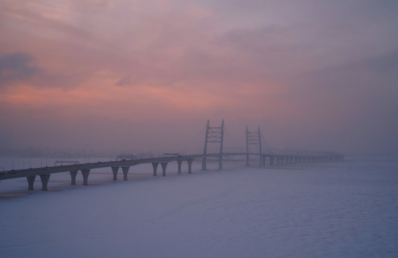 winter, frost, cold, sky, sunrise, dawn, city, bridge, snow, bay, fairway Winter morning фото превью