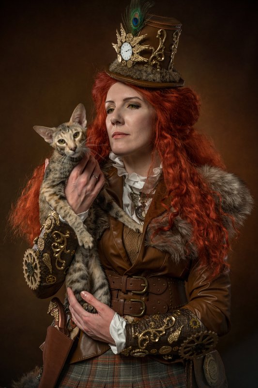 женский потрет, портрет с кошкой, стимпанк  Лучшая подруга фото превью