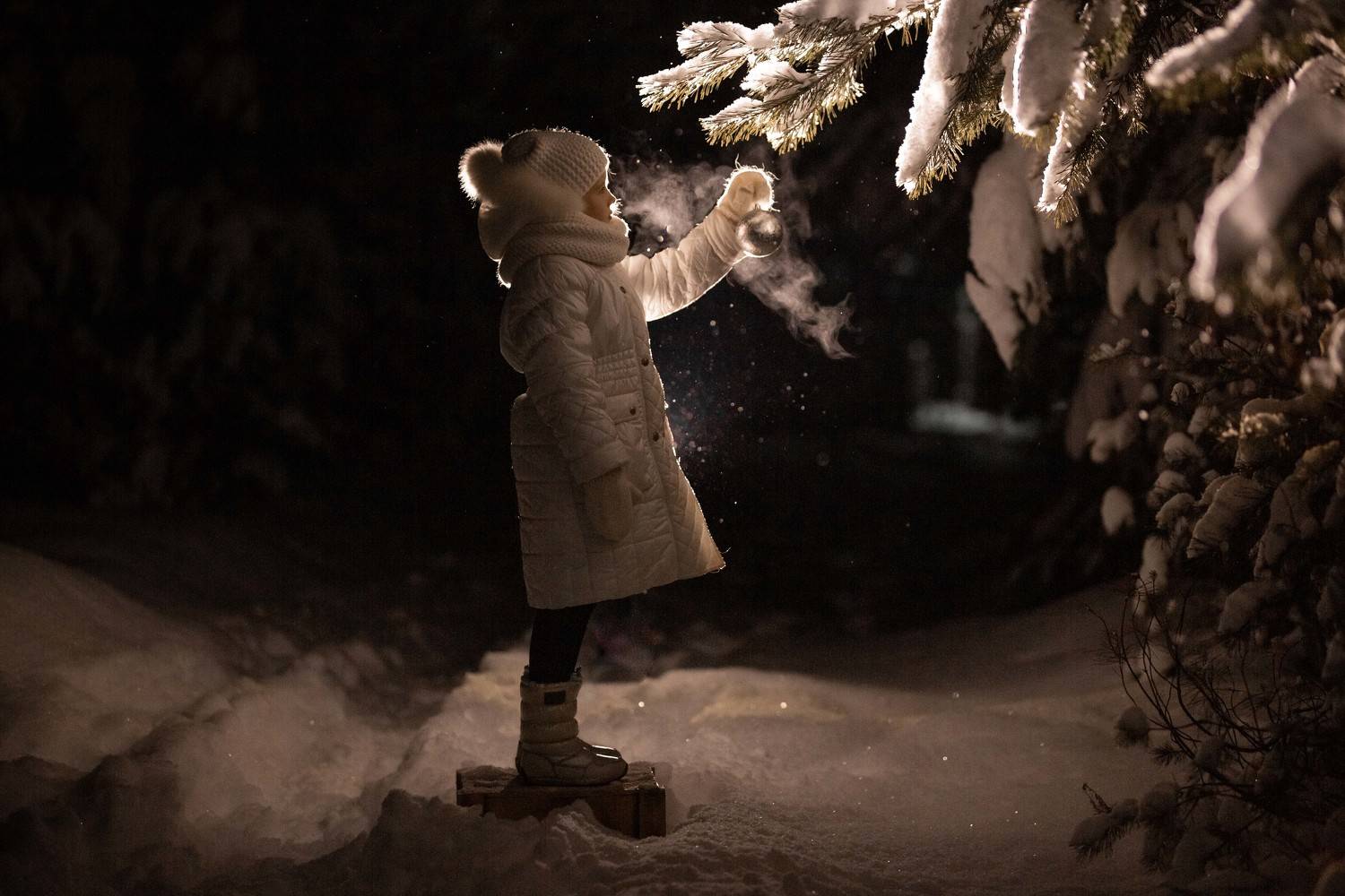 девочка, зима, фотосессия, снег, вечер, лес, ель, свет, фонарь, зимняя фотосессия, child, girl, winter, snow, light, winter photo, forest, Владимир Васильев