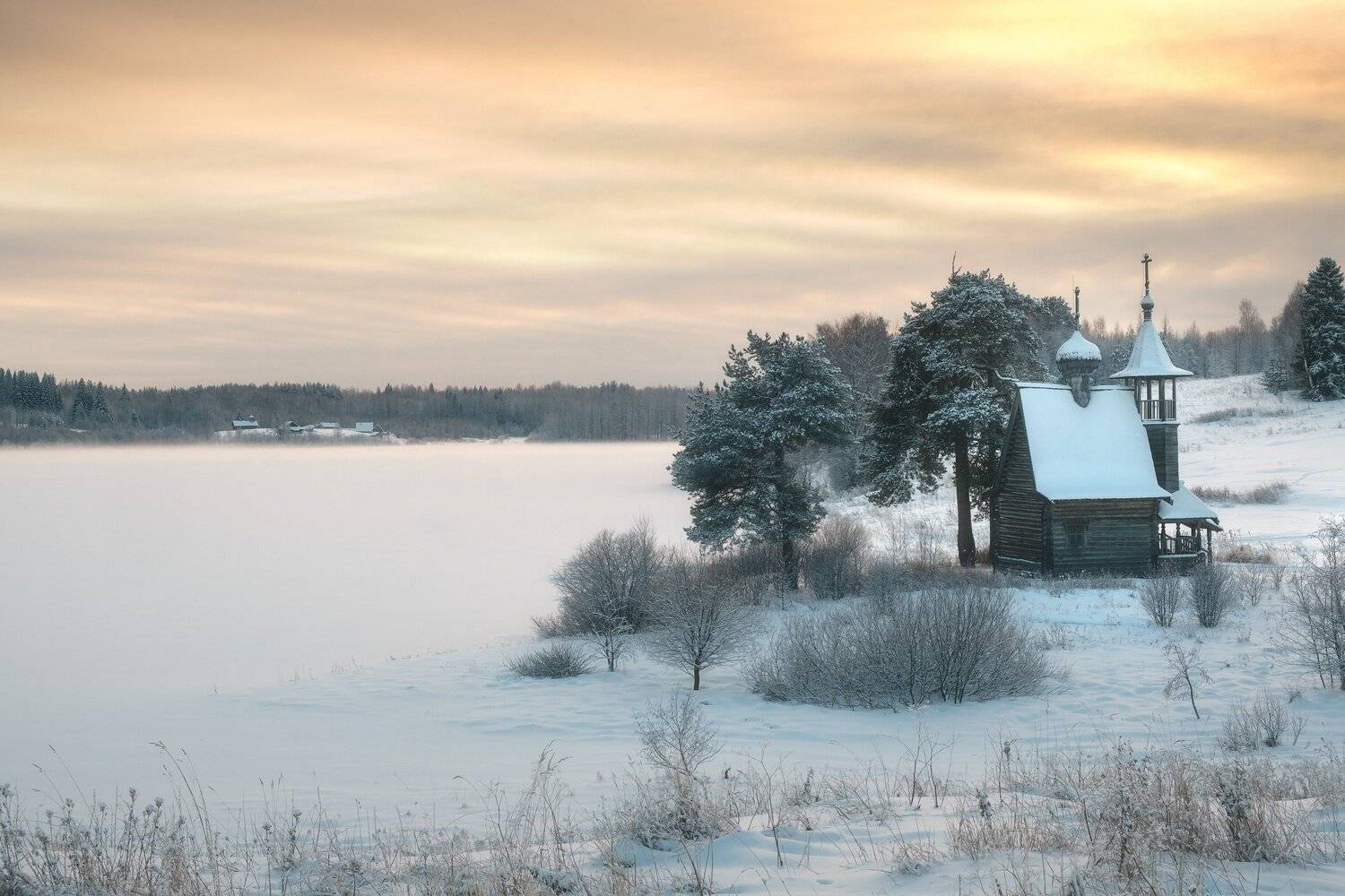 россия, архангельская область, русский север, кенозеро, кенозерье, национальный парк, пейзаж, природа, церковь, озеро, глазово, закат, лед, зима, снег, Оборотов Алексей