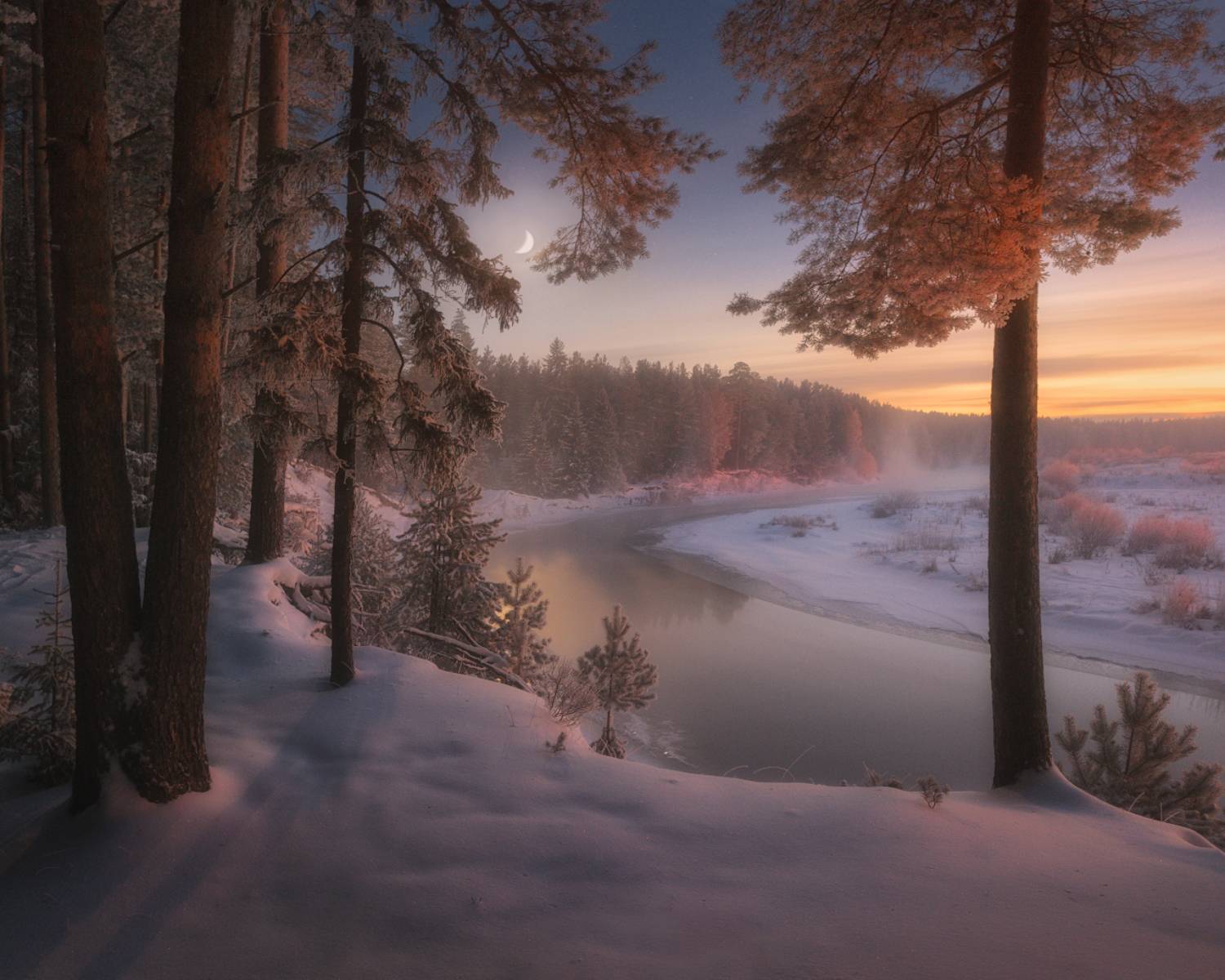 вечер, река, зима, иней, луна, Дмитрий Медянцев