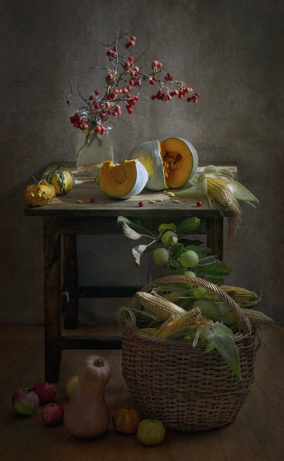 осень,тыква, кукуруза, ветки яблони, Светлана Сушкевич