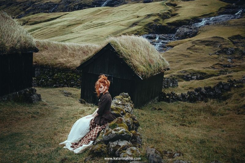 faroe, island, portrait, village, free, air, freedom, country, green, ecological, calm, model, woman, dress, Faroe Village фото превью