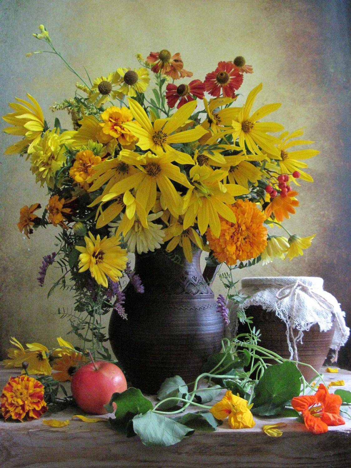 цветы, букет, бархатцы, топинамбур, мышиный горошек, настурция, Наталия Тихомирова